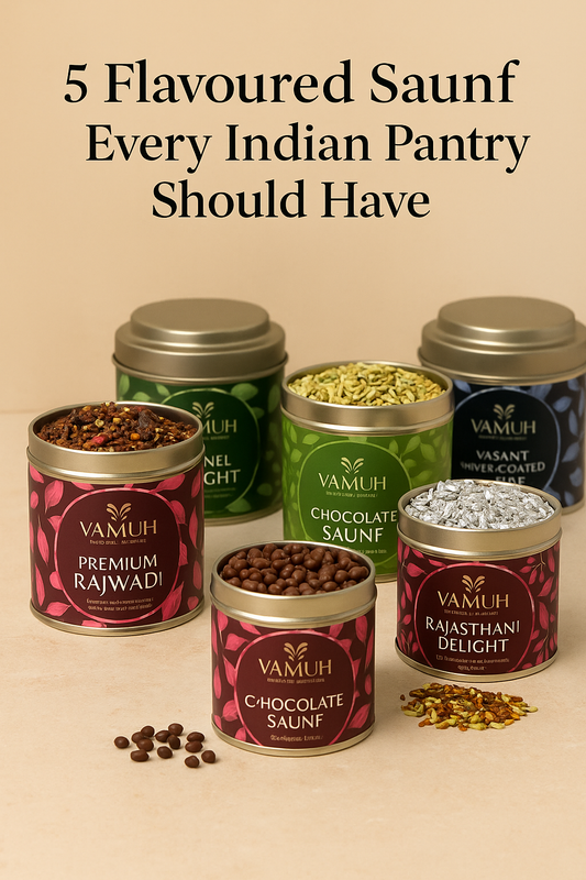 Flavoured saunf variants by VAMUKH – Premium Indian mouth fresheners in tin, featuring chocolate, silver-coated, roasted fennel and royal blends