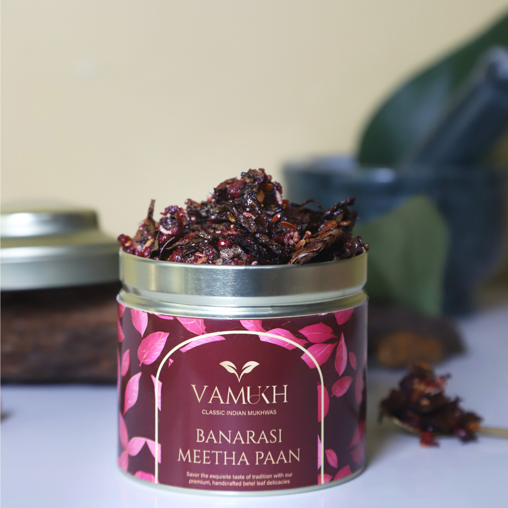 Vamukh Banarasi Meetha Paan Mukhwas in premium tin – handcrafted Indian mouth freshener with betel leaf, gulkand, and tradition-inspired packaging.