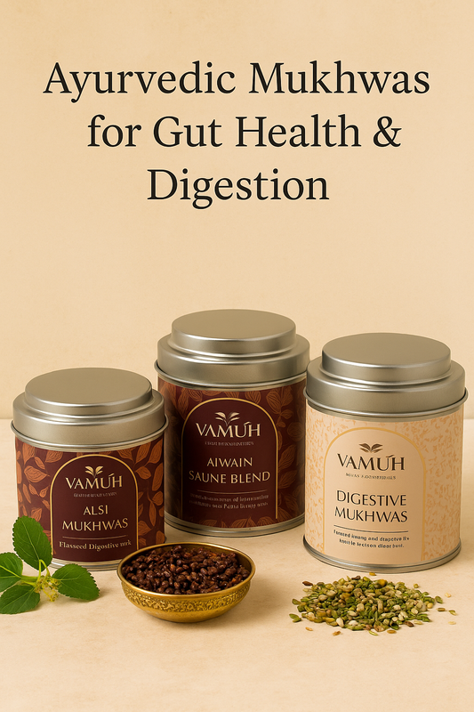 Ayurvedic mukhwas products by VAMUKH — Alsi Mukhwas, Ajwain Blend, and Digestive Mix displayed on a beige Ayurvedic background with brass bowl and ajwain sprig.
