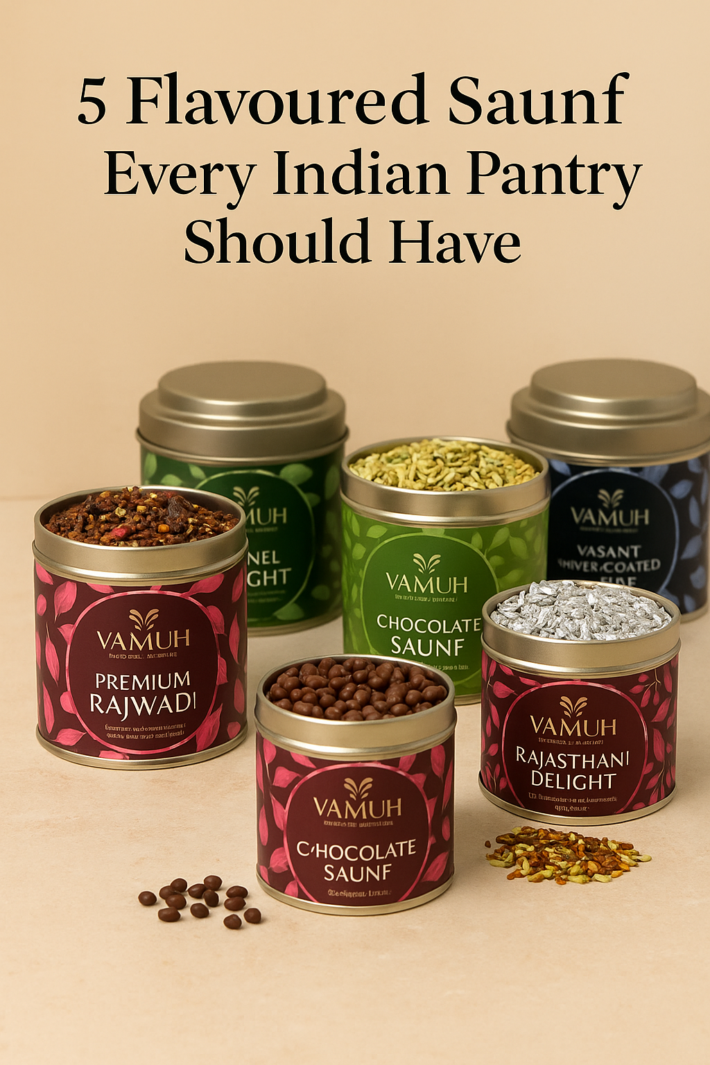 Flavoured saunf variants by VAMUKH – Premium Indian mouth fresheners in tin, featuring chocolate, silver-coated, roasted fennel and royal blends